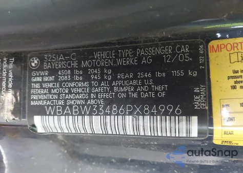 2006 BMW 325Ci from USA, damaged, VIN WBABW33486PX84996